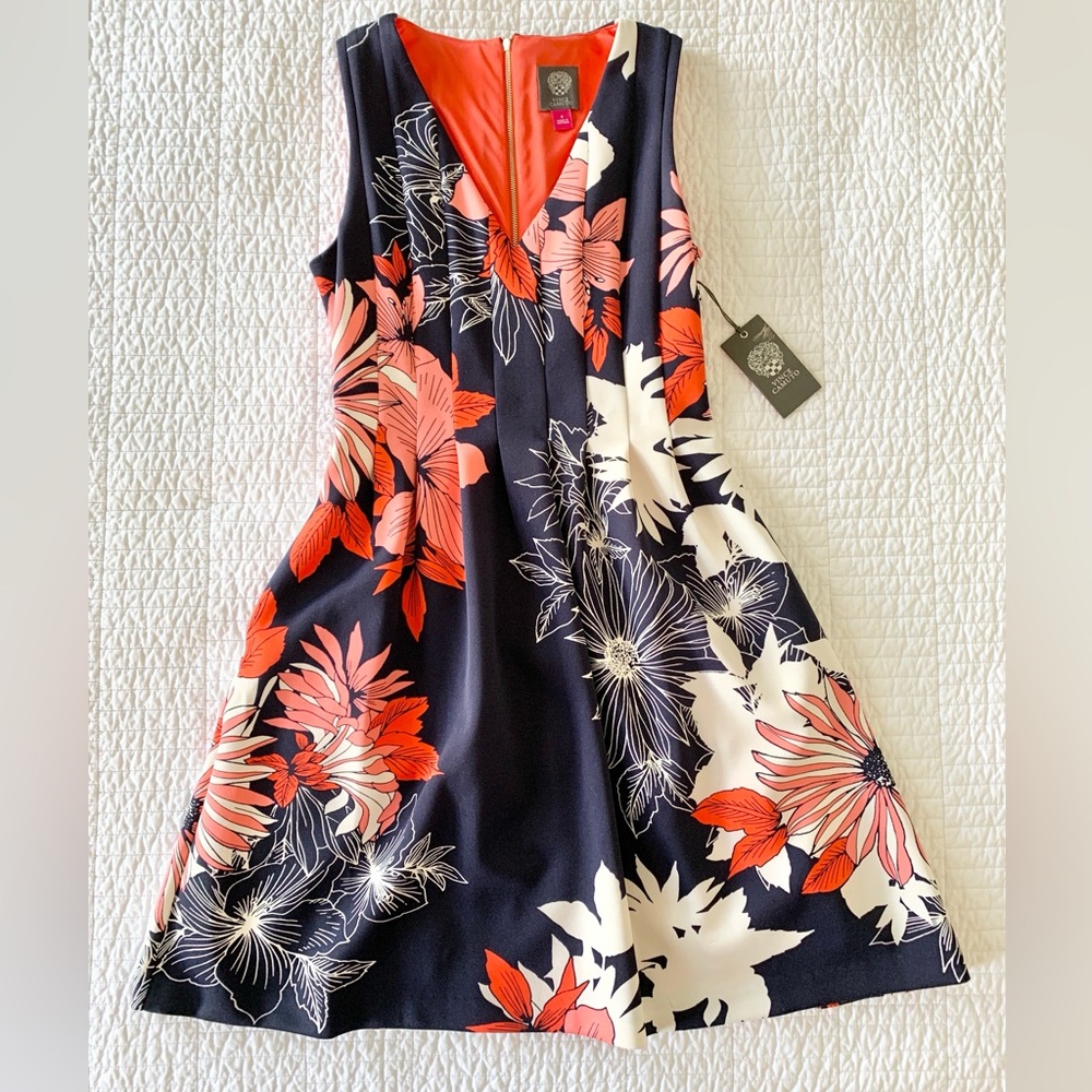 Vince Camuto Floral Fit & Flare Scuba Dress - Navy, Coral, Red - Size 4 - NWT